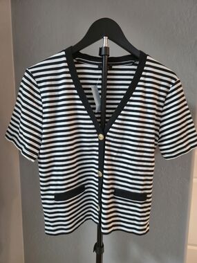 Ann Taylor NWT Striped Knit Tee Cardigan Top XS Petite Black White